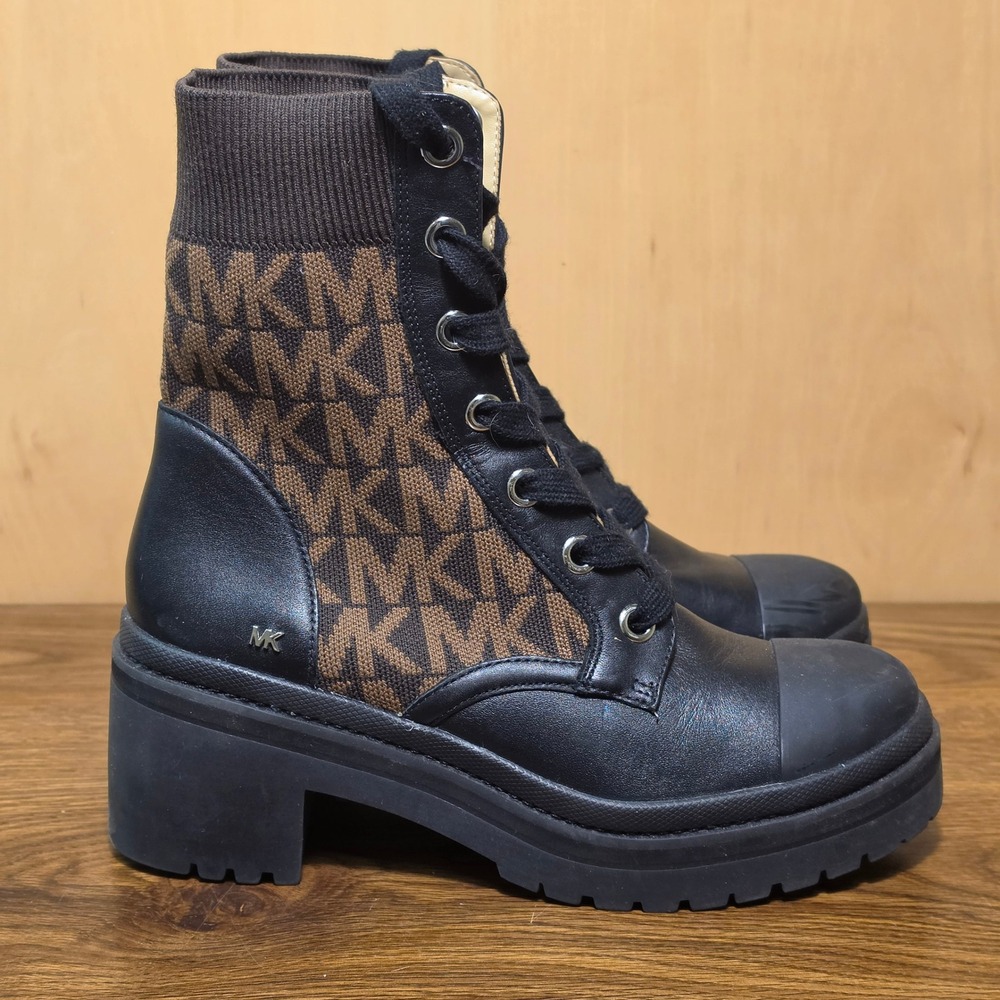 Michael Kors MK Monogram Combat Boots Black Brown Women's 7.5M*